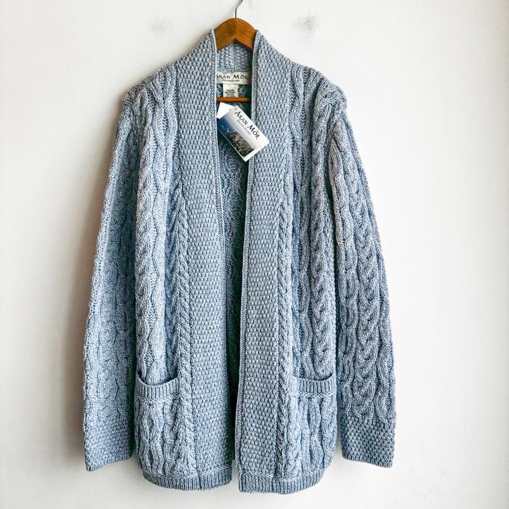 Aran Mor Merino Wool Cable Knit Blue Open Front Cardigan XL - Picture 2 of 6